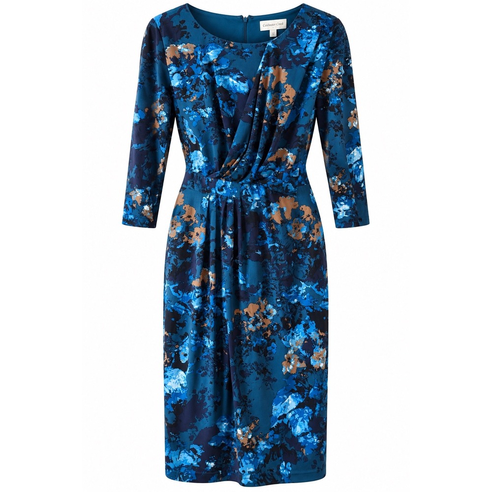 Coldwater Creek Size 10 Teal Blue Floral Draped Waist Sheath Dress